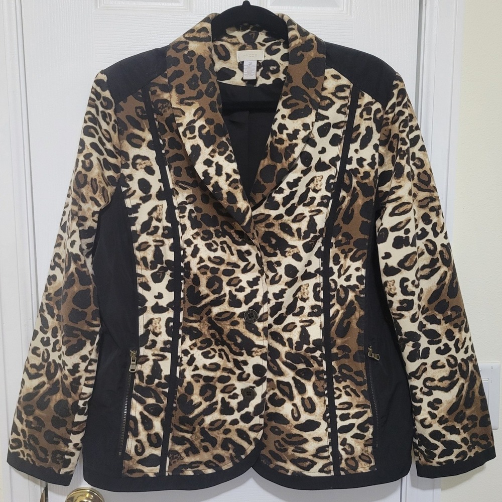 Chicos Leopard Print Blazer Jacket Womens Size 3 Large XL Black Tan Animal Print